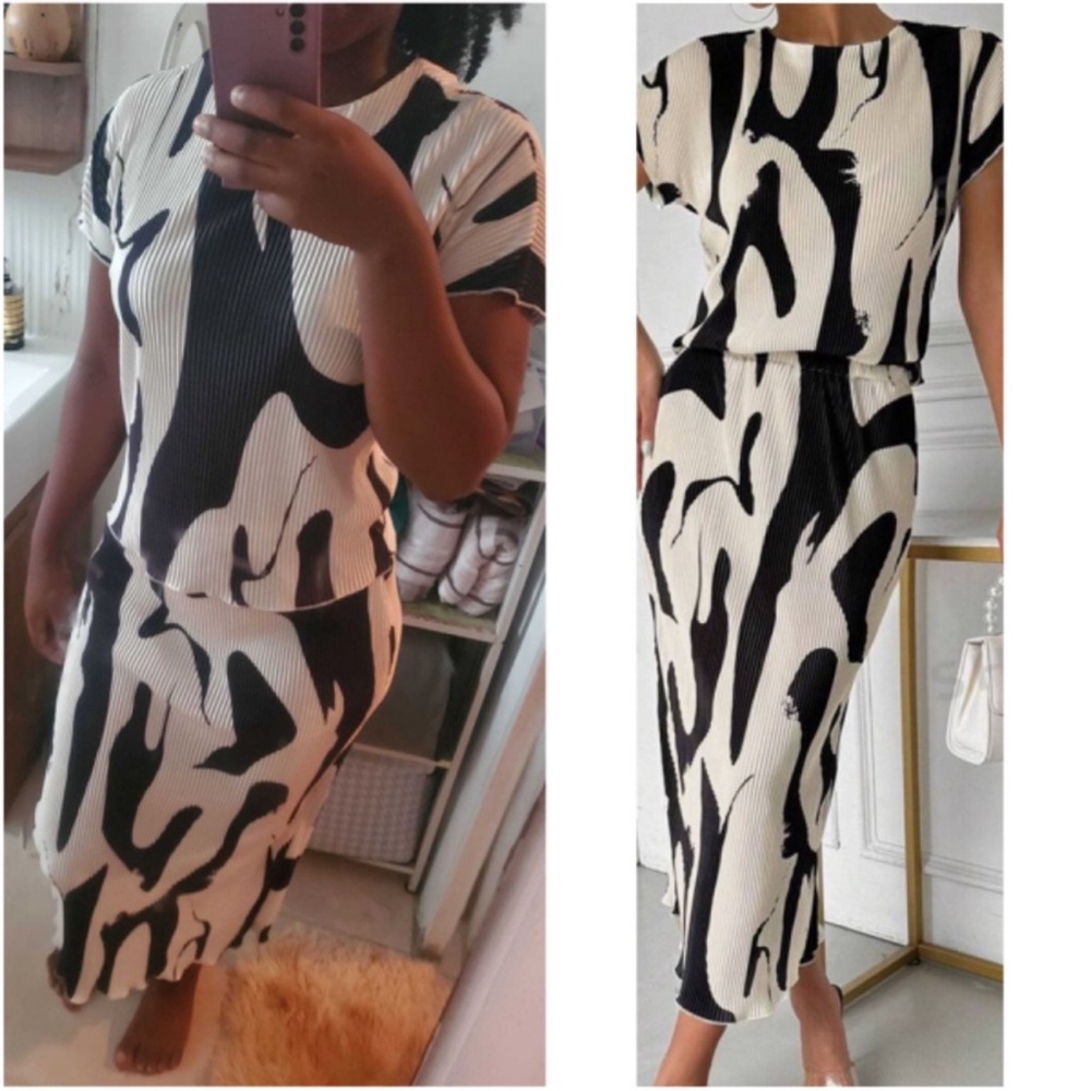 Classic Color Block Textured Short Sleeve Top Midi Skirt Set S M L XL